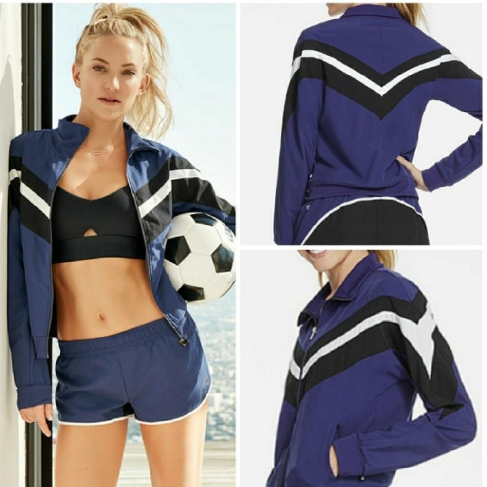 Fabletics 70’s Inspired Retro Blue and Black Zip-Up Track Jacket, Pockets, Sz L
